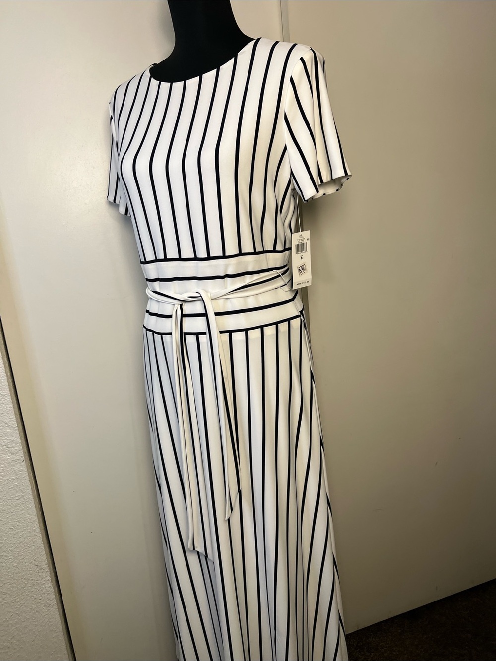 Ralph Lauren White Maxi Dress with Black Vertical Stripes and Waist Tie - Picture 8 of 8